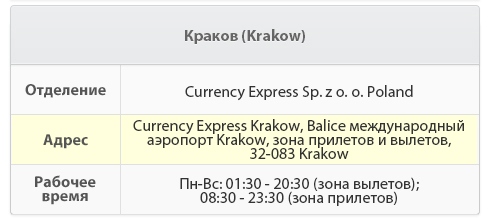 z oo Poland   Адреса Currency Express Krakow, міжнародний аеропорт Баліце, зона прильотів і вильотів   Робоча врем'я Пн-Нд: 01: 30-20: 30 (зона вильотів);  8: 30-23: 30 (зона прильотів)