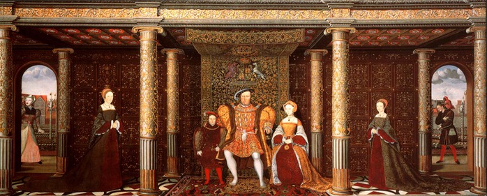 Сім'я Генріха VIII (1545, Hampton Court Palace) Зліва направо: 'Mother Jak', Lady Mary, Prince Edward, Henry VIII, Jane Seymour, Lady Elizabeth and Will Somers