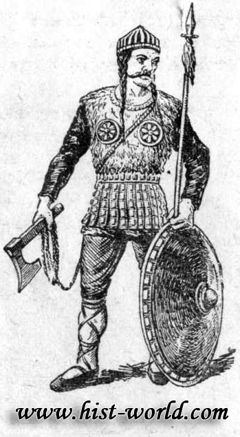 франкський воїн   - одягнений в довгу шкіряну сорочку, на голові шкіряний шолом